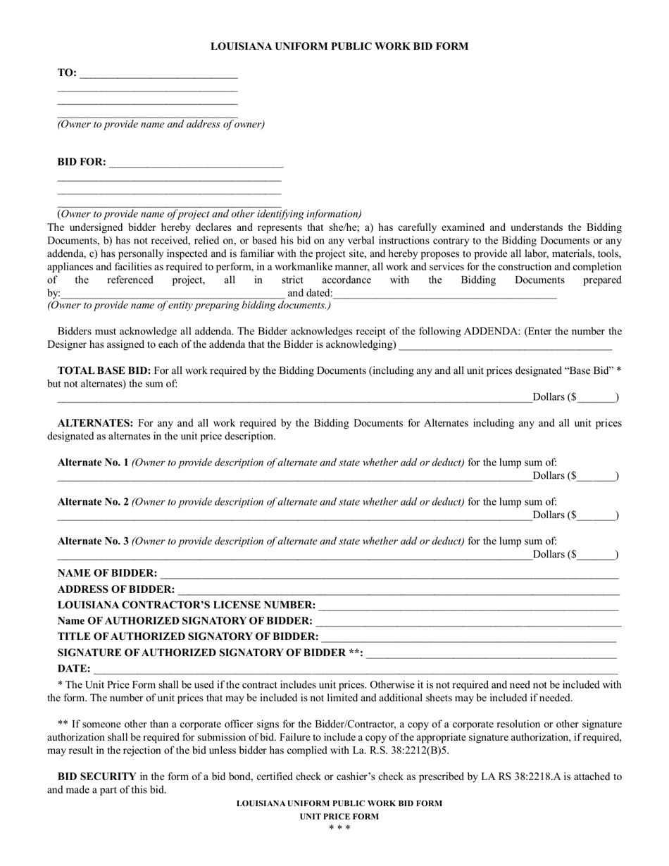 Louisiana Louisiana Uniform Public Work Bid Form - Fill Out, Sign ...