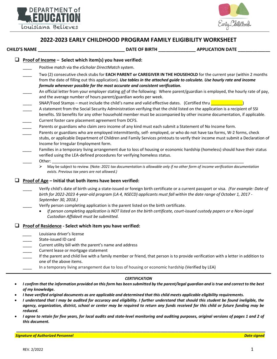 2023 Louisiana Early Childhood Program Family Eligibility Worksheet