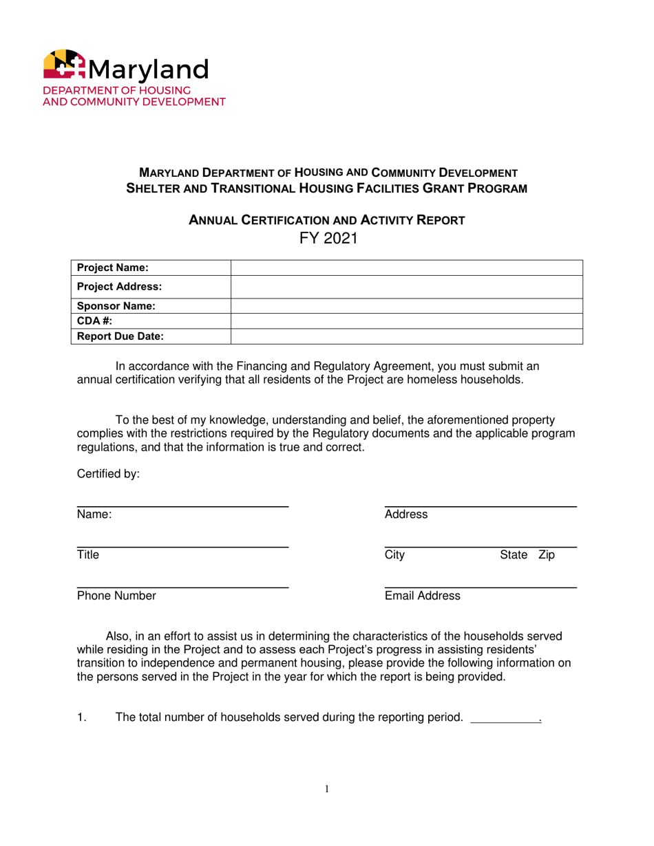 Annual Certification Andactivity Report - Shelter and Transitional Housing Facilities Grant Program - Maryland, Page 1