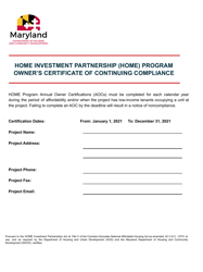 Document preview: Owner's Certificate of Continuing Compliance - Home Investment Partnership (Home) Program - Maryland