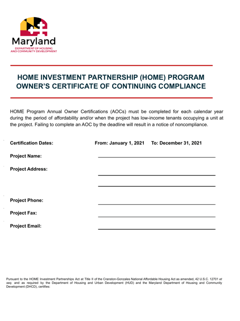Owner's Certificate of Continuing Compliance - Home Investment Partnership (Home) Program - Maryland Download Pdf