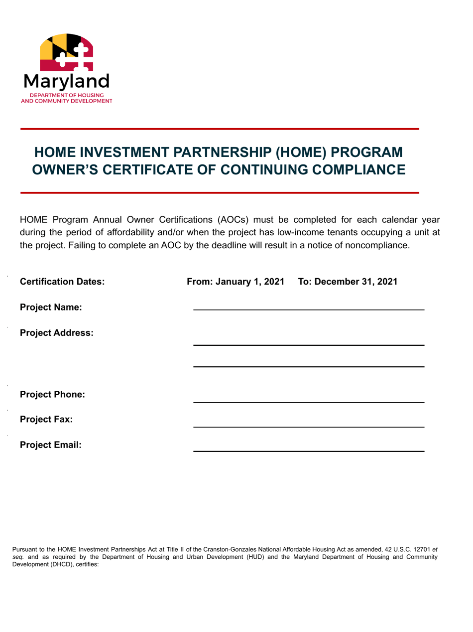 Owners Certificate of Continuing Compliance - Home Investment Partnership (Home) Program - Maryland, Page 1