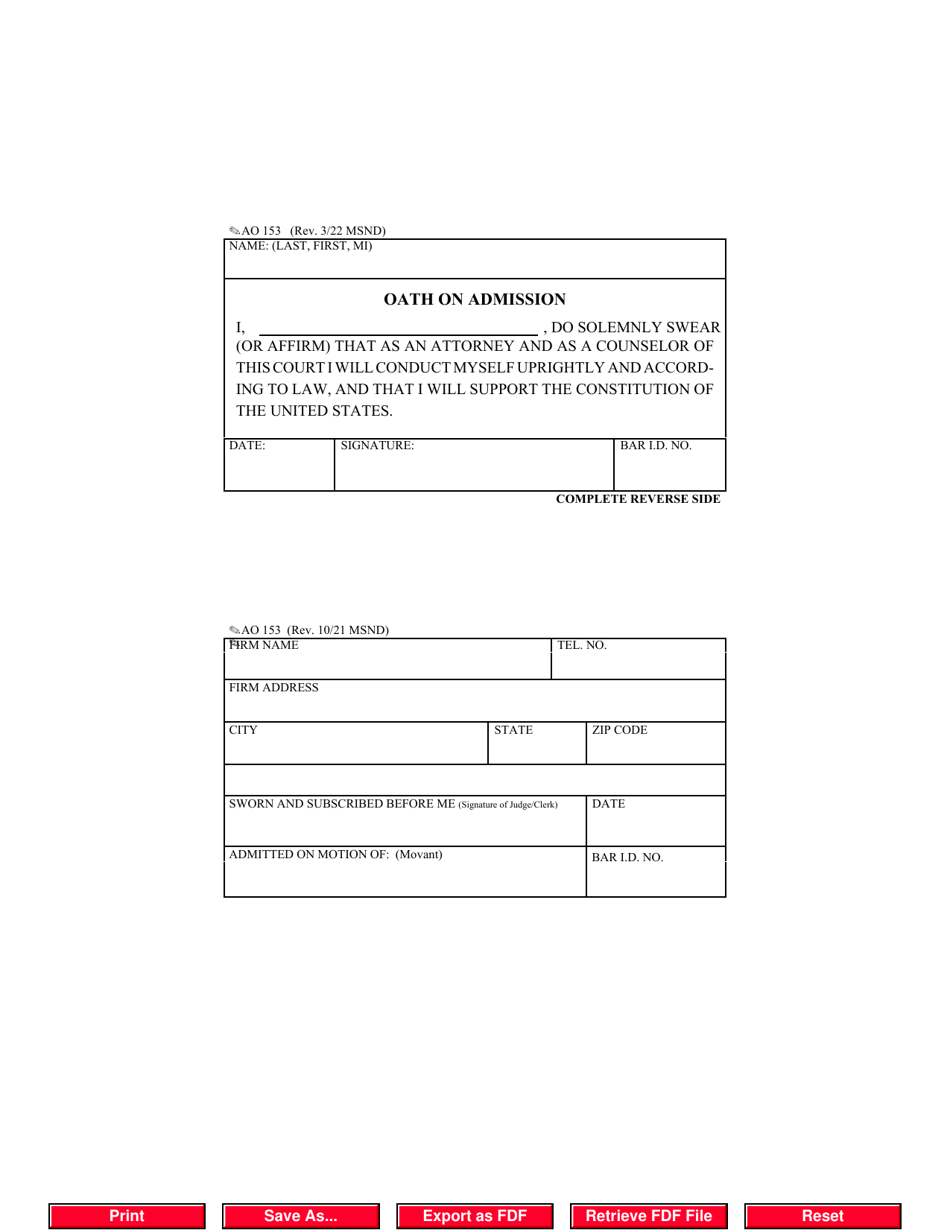 Form AO153 Oath on Admission - Mississippi, Page 1