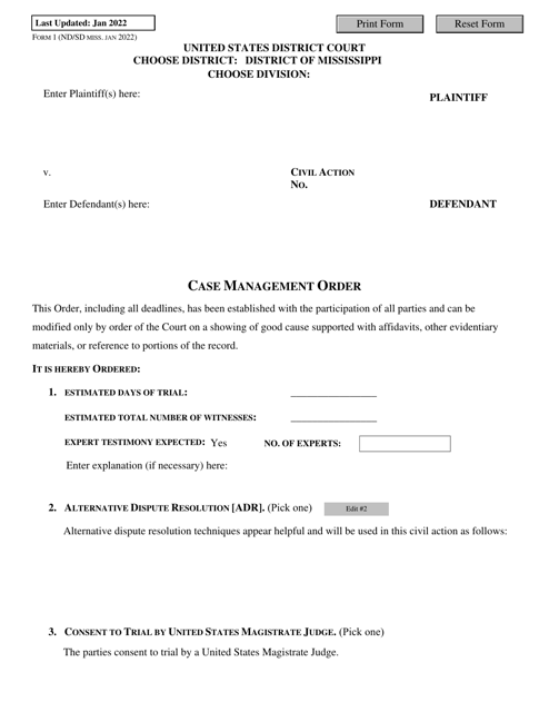 Form 1 Case Management Order - Mississippi