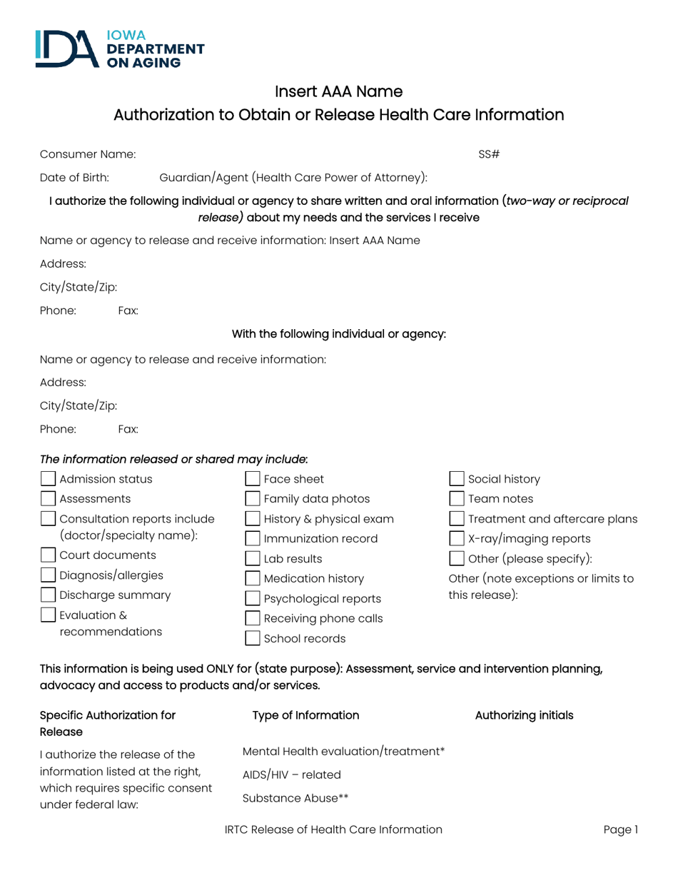 Authorization to Obtain or Release Health Care Information - Iowa, Page 1
