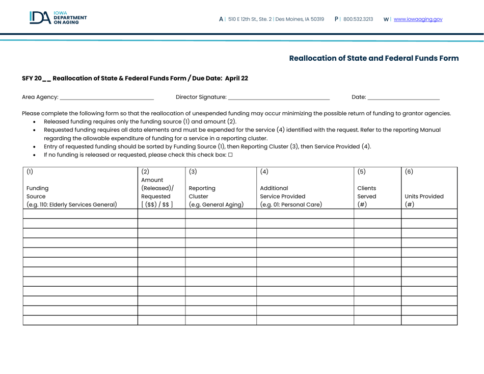 Reallocation of State and Federal Funds Form - Iowa, Page 1