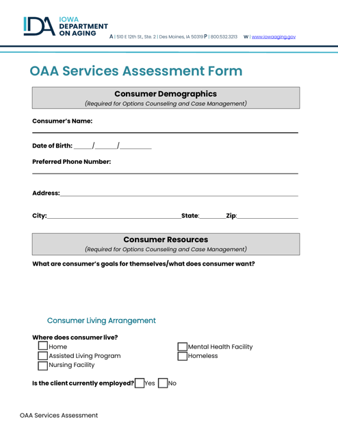 Oaa Services Assessment Form - Iowa, 2023