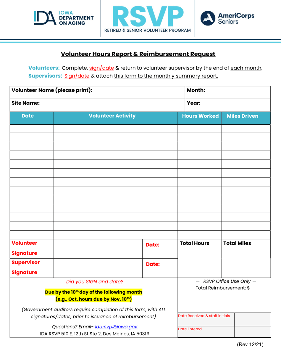 Volunteer Hours Report  Reimbursement Request - Retired and Senior Volunteer Program - Iowa, Page 1