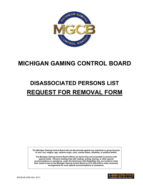 Form MGCB-AD-2060 Disassociated Persons List Request for Removal Form - Michigan