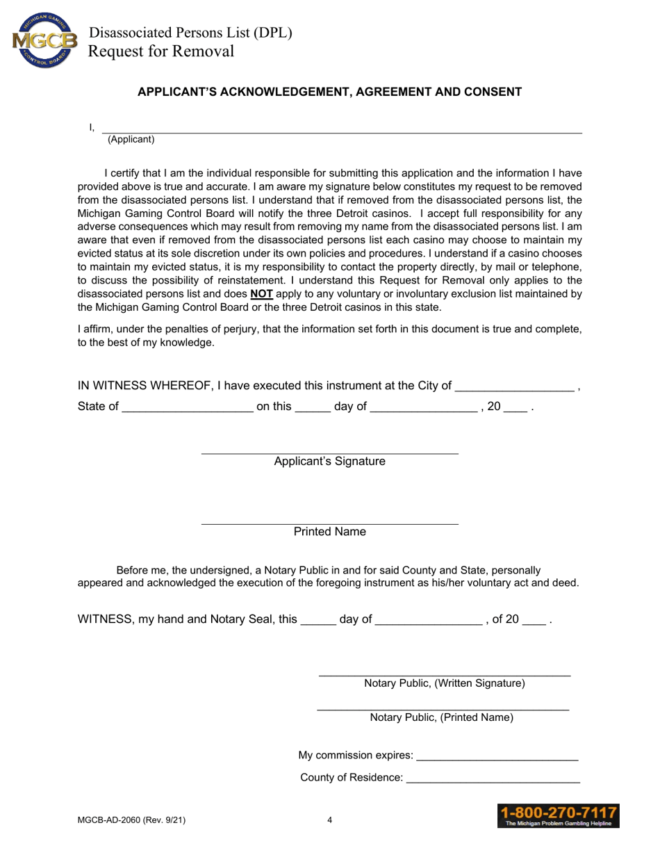 Form MGCB-AD-2060 Disassociated Persons List Request for Removal Form - Michigan, Page 4