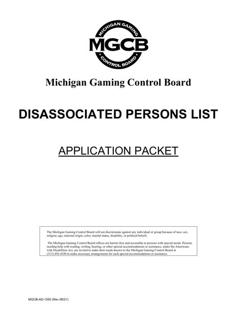 Form MGCB-AD-1050 Application for Placement on the List of Disassociated Persons - Michigan