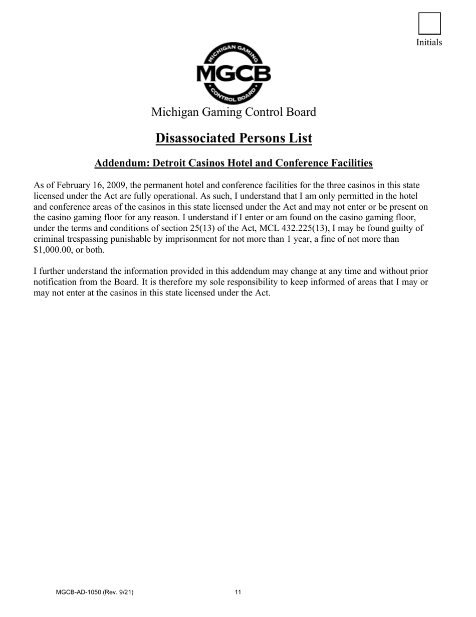 Form MGCB-AD-1050 Application for Placement on the List of Disassociated Persons - Michigan, Page 11