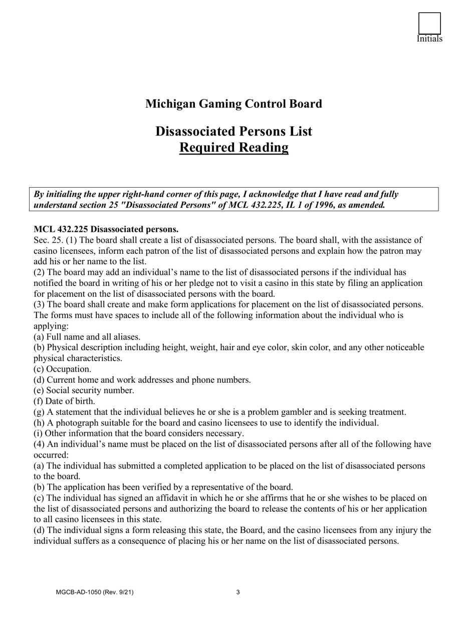 Form MGCB-AD-1050 Application for Placement on the List of Disassociated Persons - Michigan, Page 3