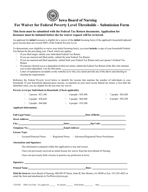 Fee Waiver for Federal Poverty Level Thresholds - Submission Form - Iowa