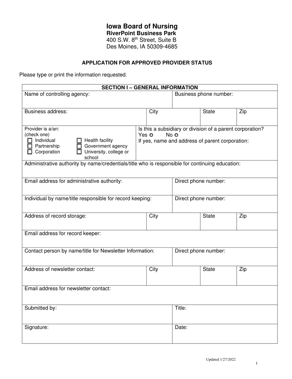 Application for Approved Provider Status - Iowa, Page 1