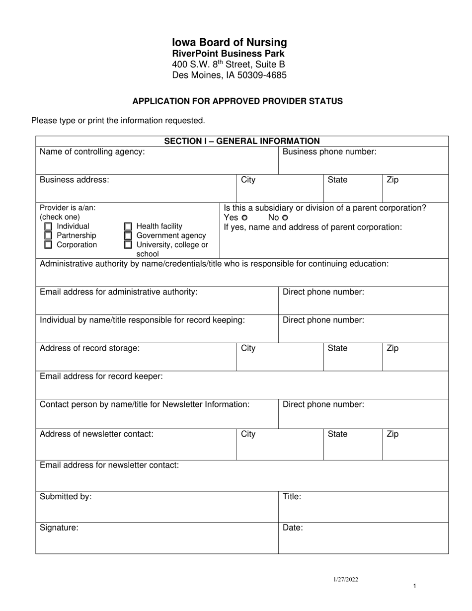 Application for Approved Provider Status With Policy Examples - Iowa, Page 1