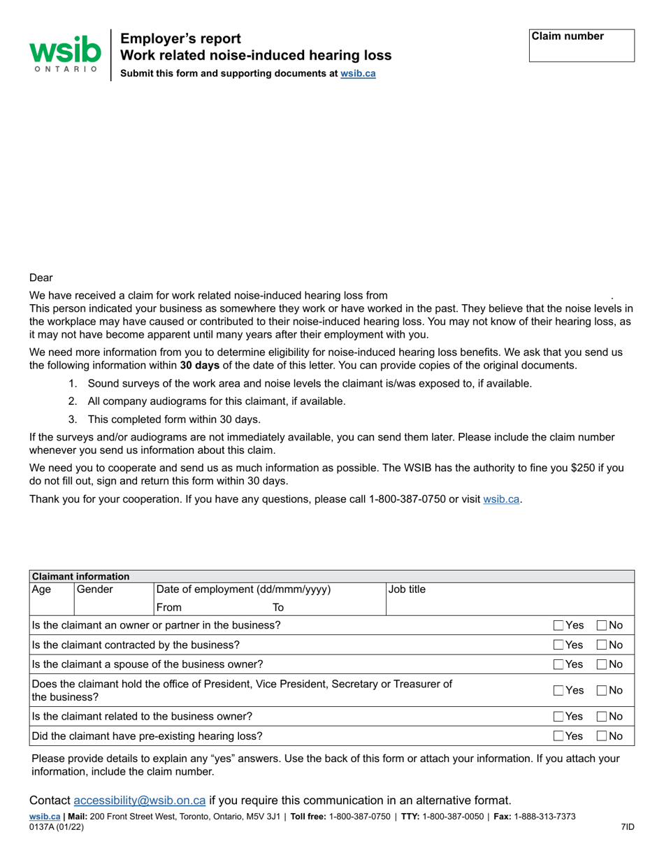 Form 0137A Employers Report - Work Related Noise-Induced Hearing Loss - Ontario, Canada, Page 1