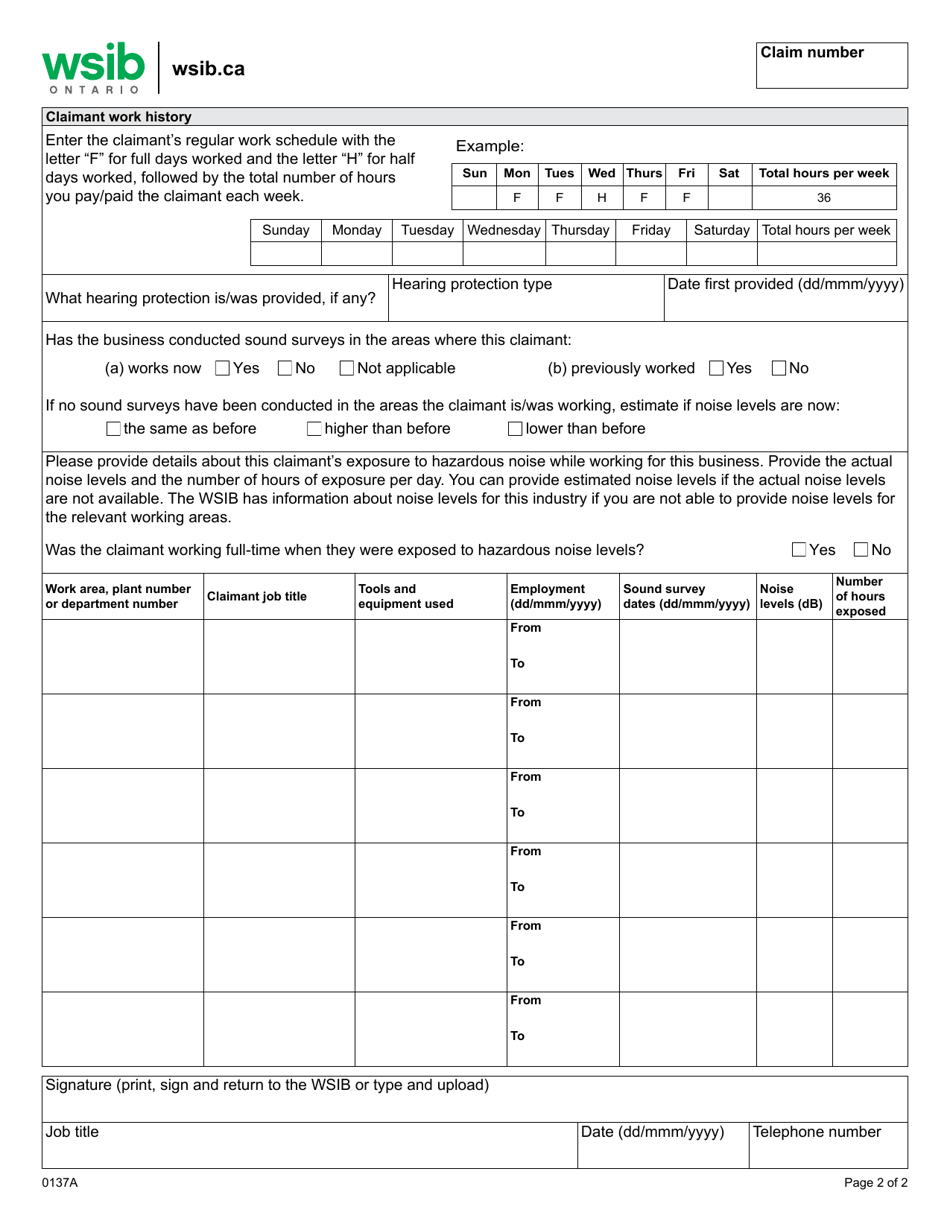 Form 0137A Employers Report - Work Related Noise-Induced Hearing Loss - Ontario, Canada, Page 2