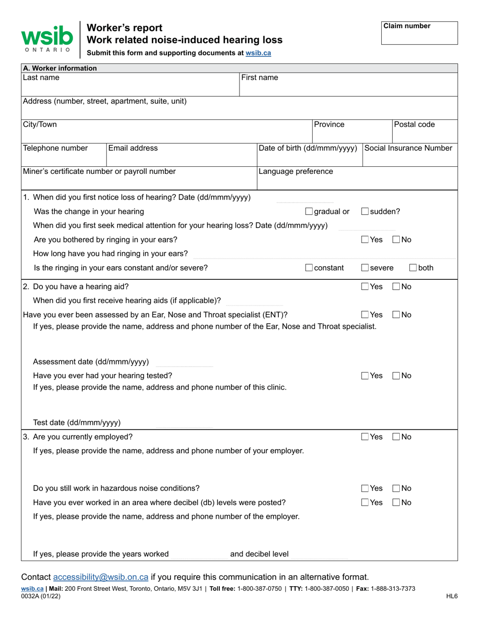 Form 0032A Workers Report - Work Related Noise-Induced Hearing Loss - Ontario, Canada, Page 1