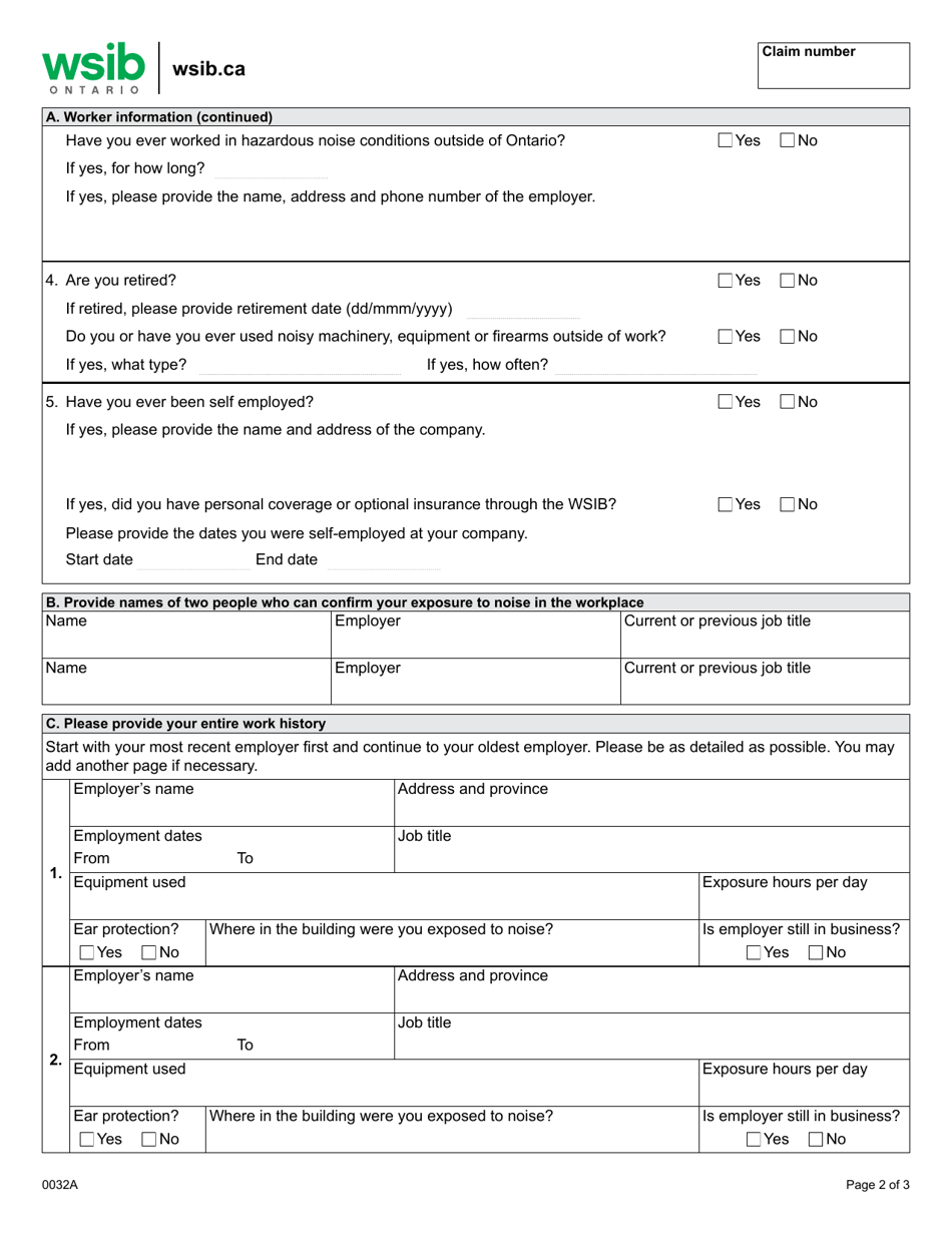 Form 0032A Workers Report - Work Related Noise-Induced Hearing Loss - Ontario, Canada, Page 2