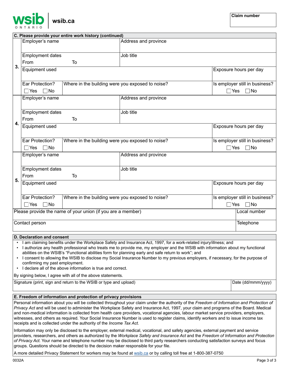 Form 0032A Workers Report - Work Related Noise-Induced Hearing Loss - Ontario, Canada, Page 3