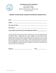 Request to Issue Initial License in the Inactive License Status - Louisiana