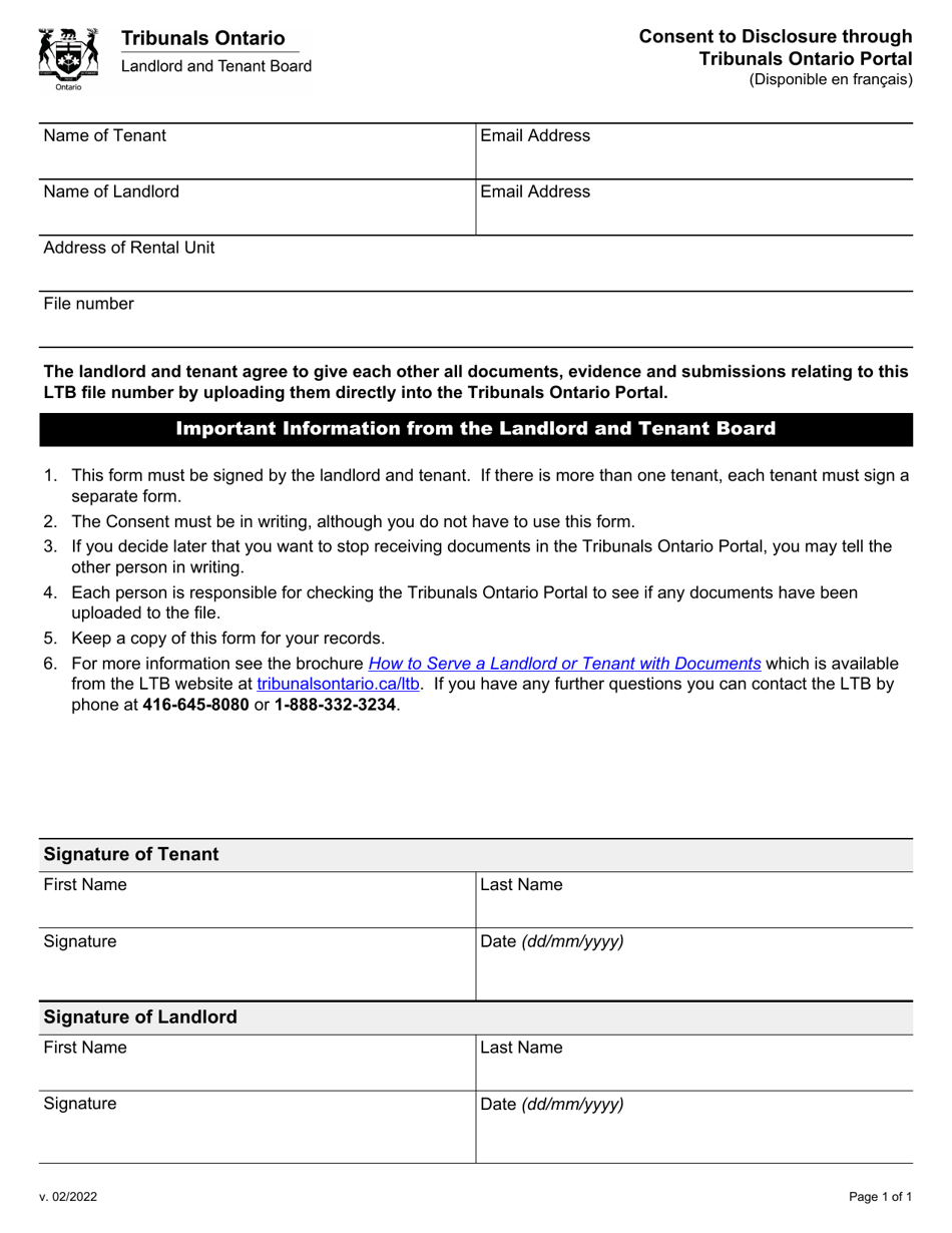 Consent to Disclosure Through Tribunals Ontario Portal - Ontario, Canada, Page 1