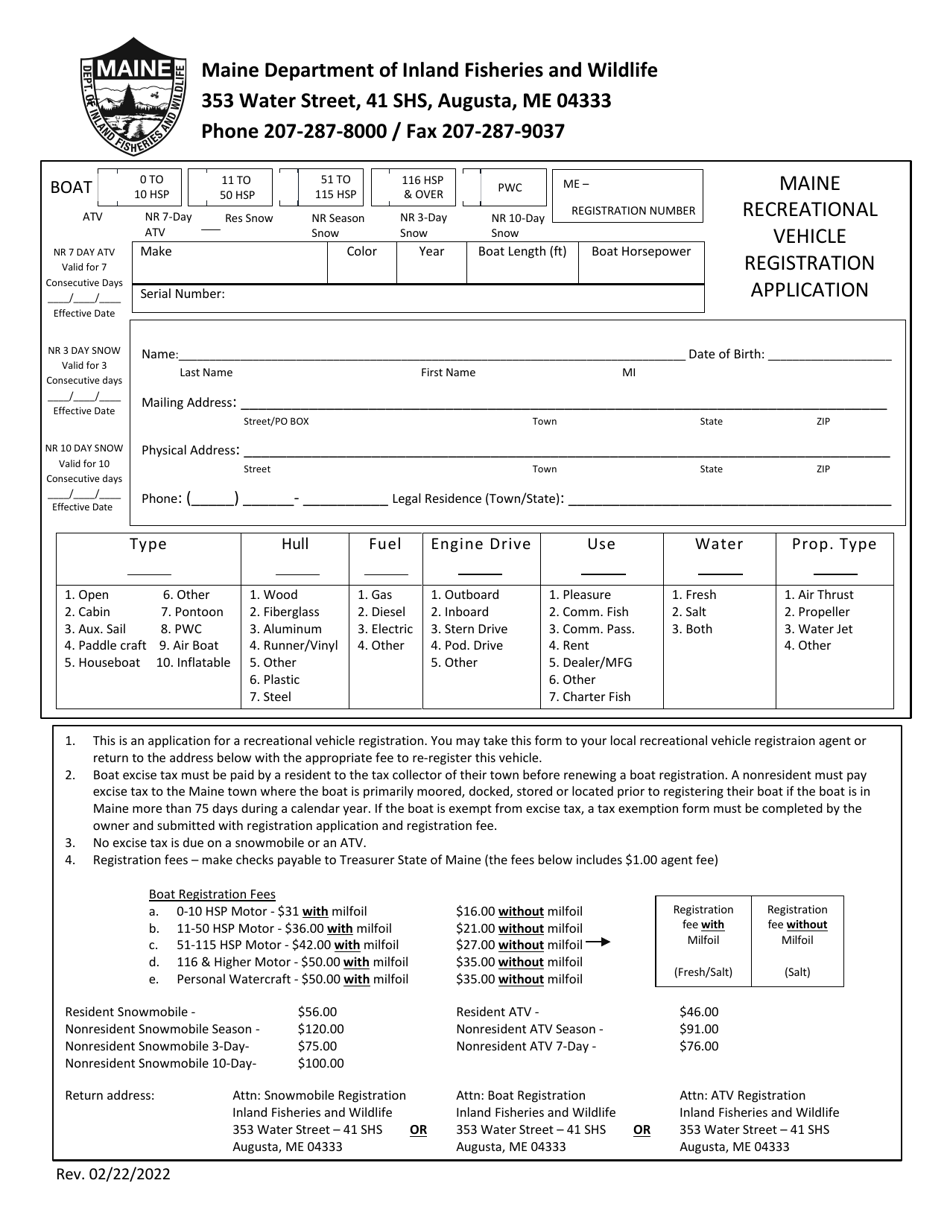Maine Recreational Vehicle Registration Application - Maine, Page 1