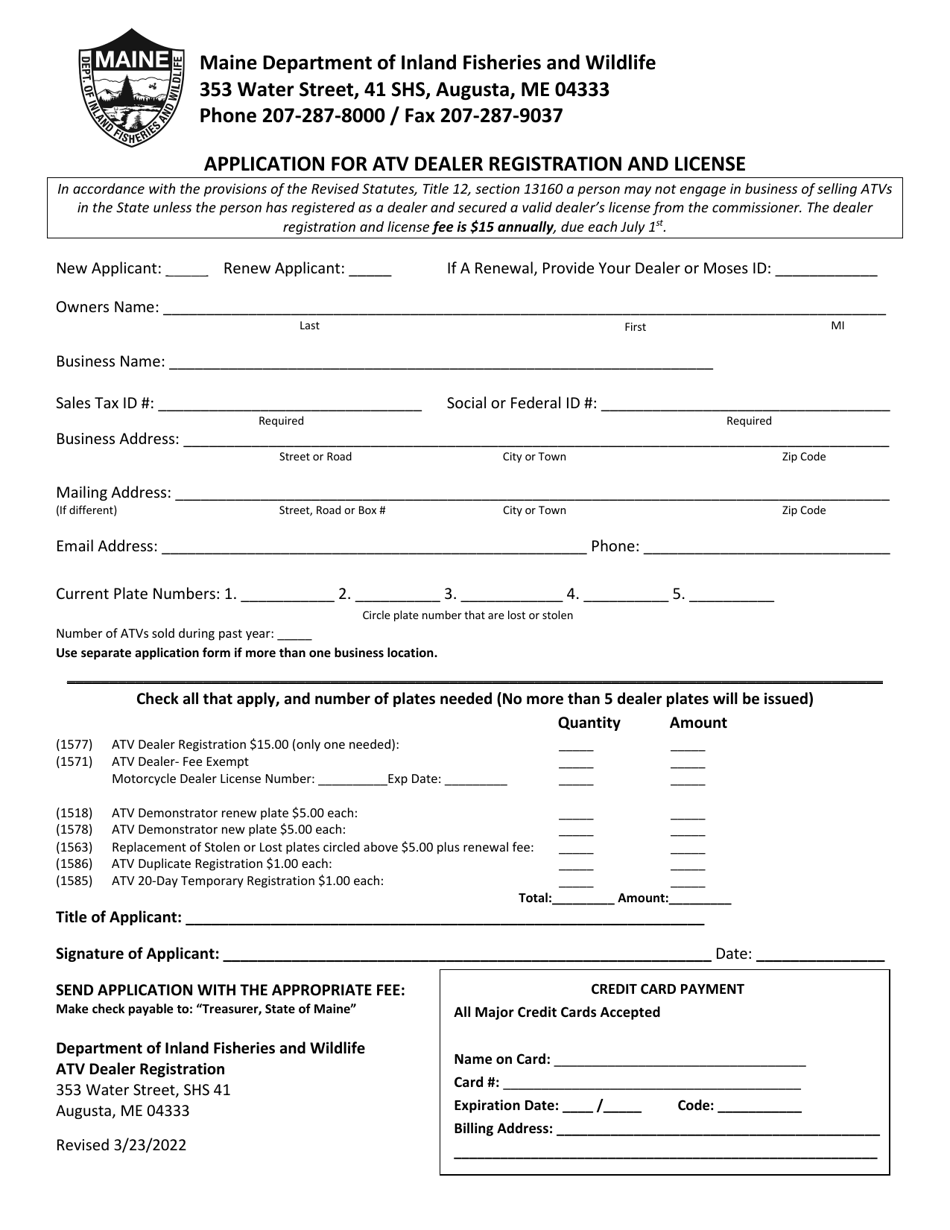 Maine Application for Atv Dealer Registration and License Download Fillable PDF 2020 — 2024
