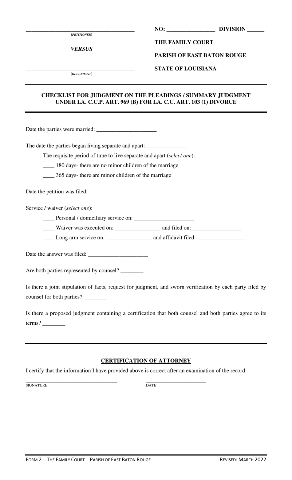 Form 2 Checklist for Judgment on the Pleadings/Summary Judgment Under La. C.c.p. Art. 969 (B) for La. C.c. Art. 103 (1) Divorce - Parish of East Baton Rouge, Louisiana, Page 1