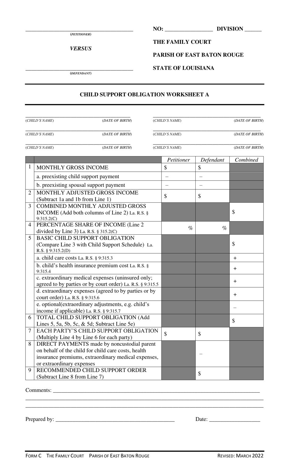 Form C Worksheet A Child Support Obligation - Parish of East Baton Rouge, Louisiana, Page 1