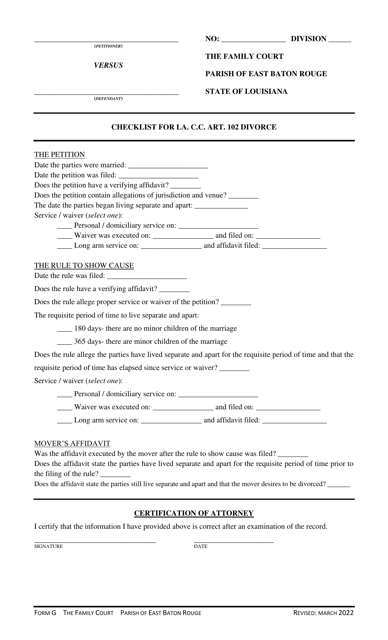 Form G Checklist for La. C.c. Art. 102 Divorce - Parish of East Baton Rouge, Louisiana
