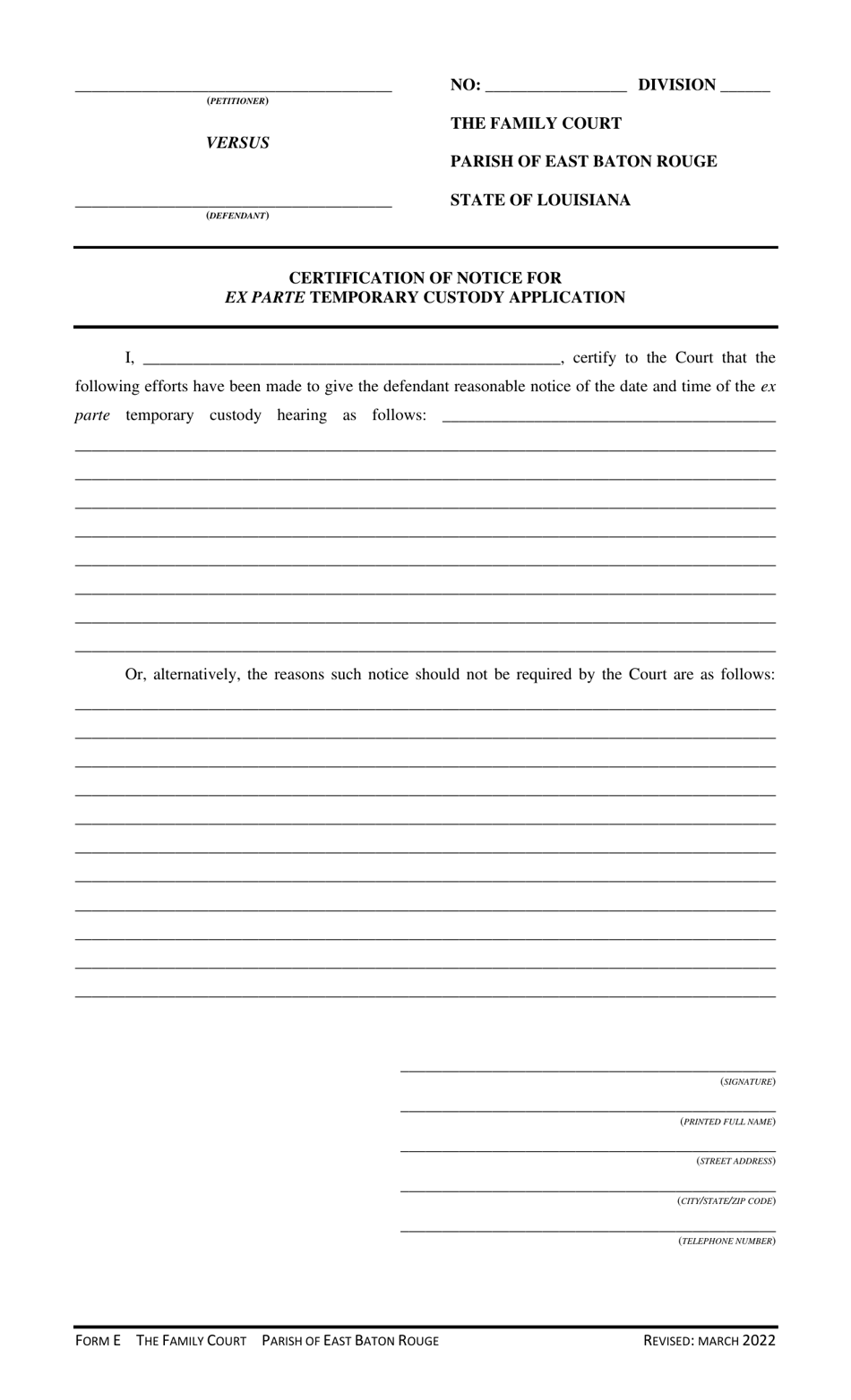 Form F Certification of Notice for Ex Parte Temporary Custody Application - Parish of East Baton Rouge, Louisiana, Page 1