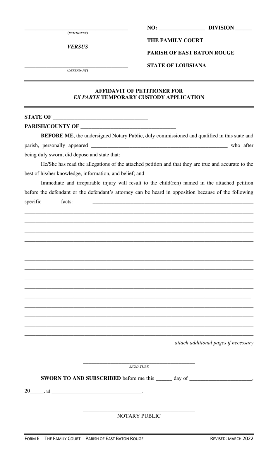 Form E Affidavit of Petitioner for Ex Parte Temporary Custody Application - Parish of East Baton Rouge, Louisiana, Page 1