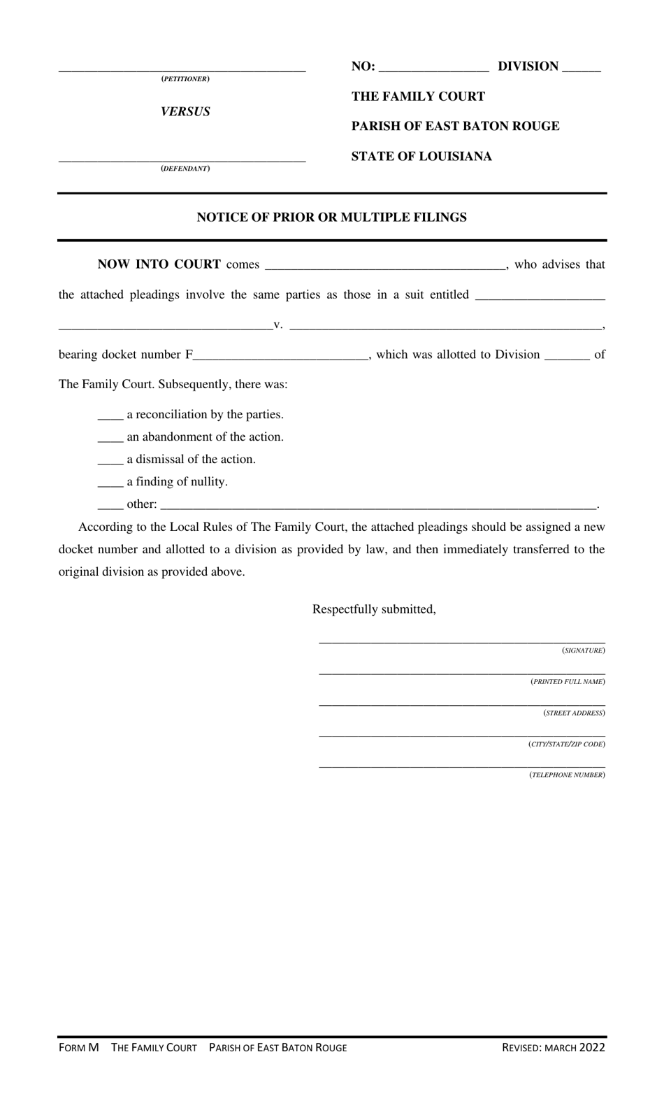 Form M Notice of Prior or Multiple Filings - Parish of East Baton Rouge, Louisiana, Page 1