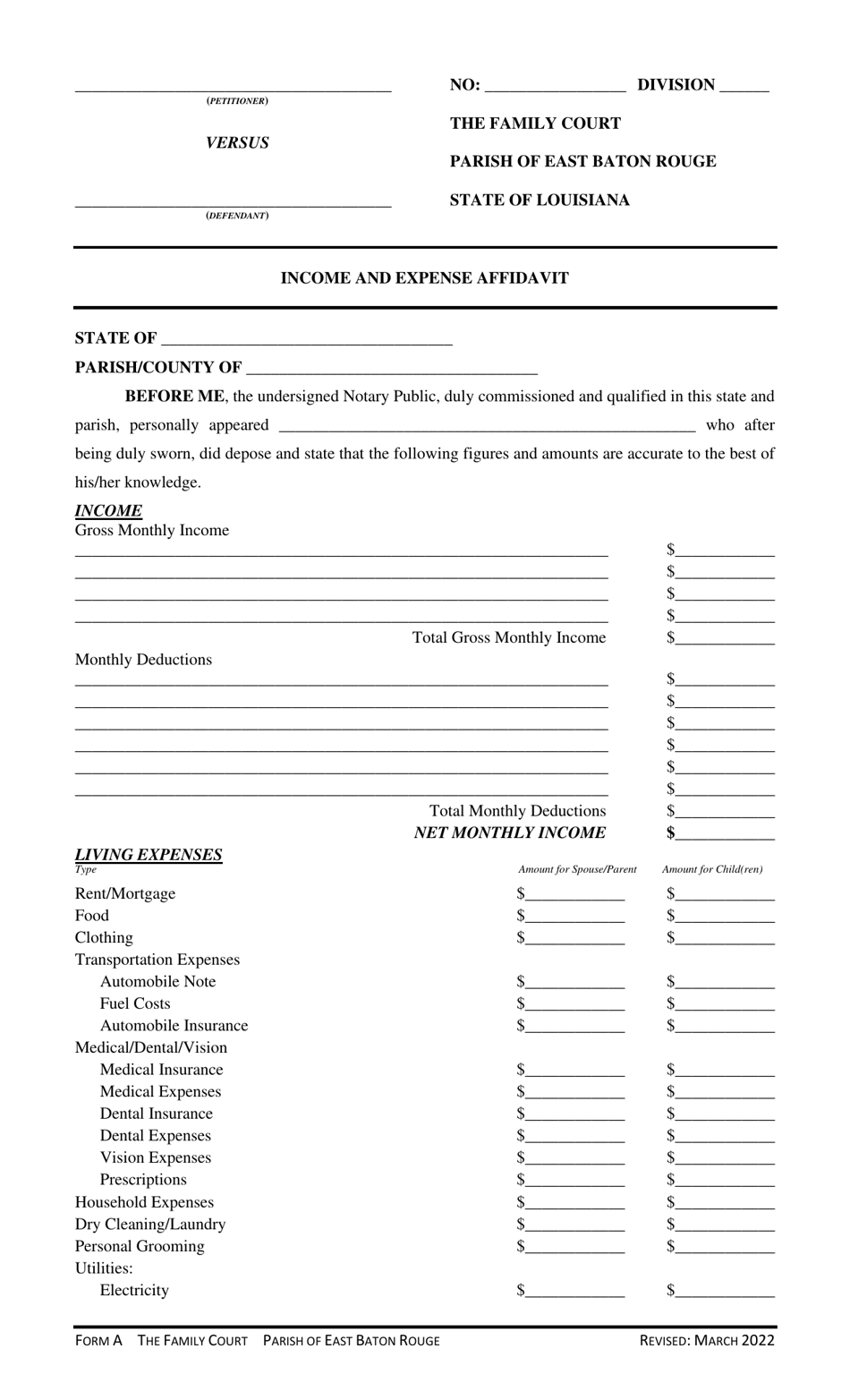 Form A Income and Expense Affidavit - Parish of East Baton Rouge, Louisiana, Page 1