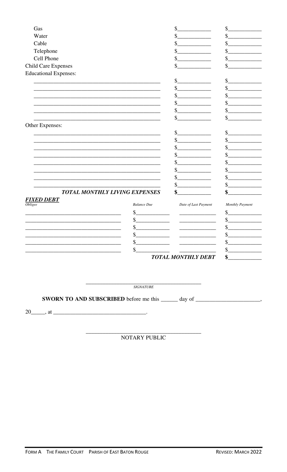 Form A Income and Expense Affidavit - Parish of East Baton Rouge, Louisiana, Page 2