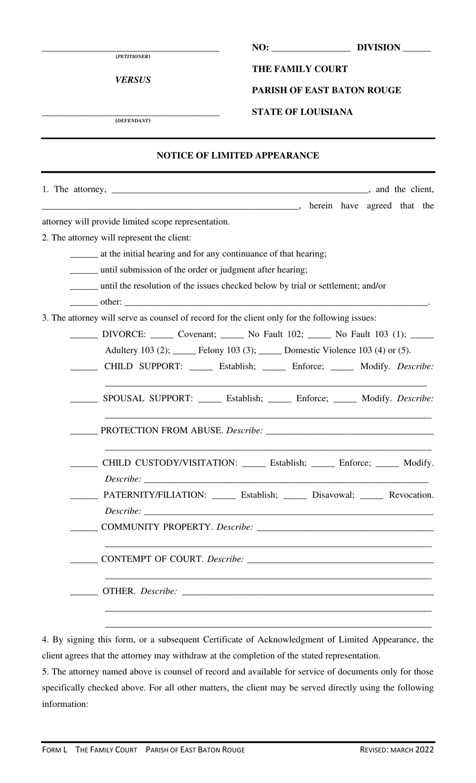 Form L Notice of Limited Appearance - Parish of East Baton Rouge, Louisiana, Page 1