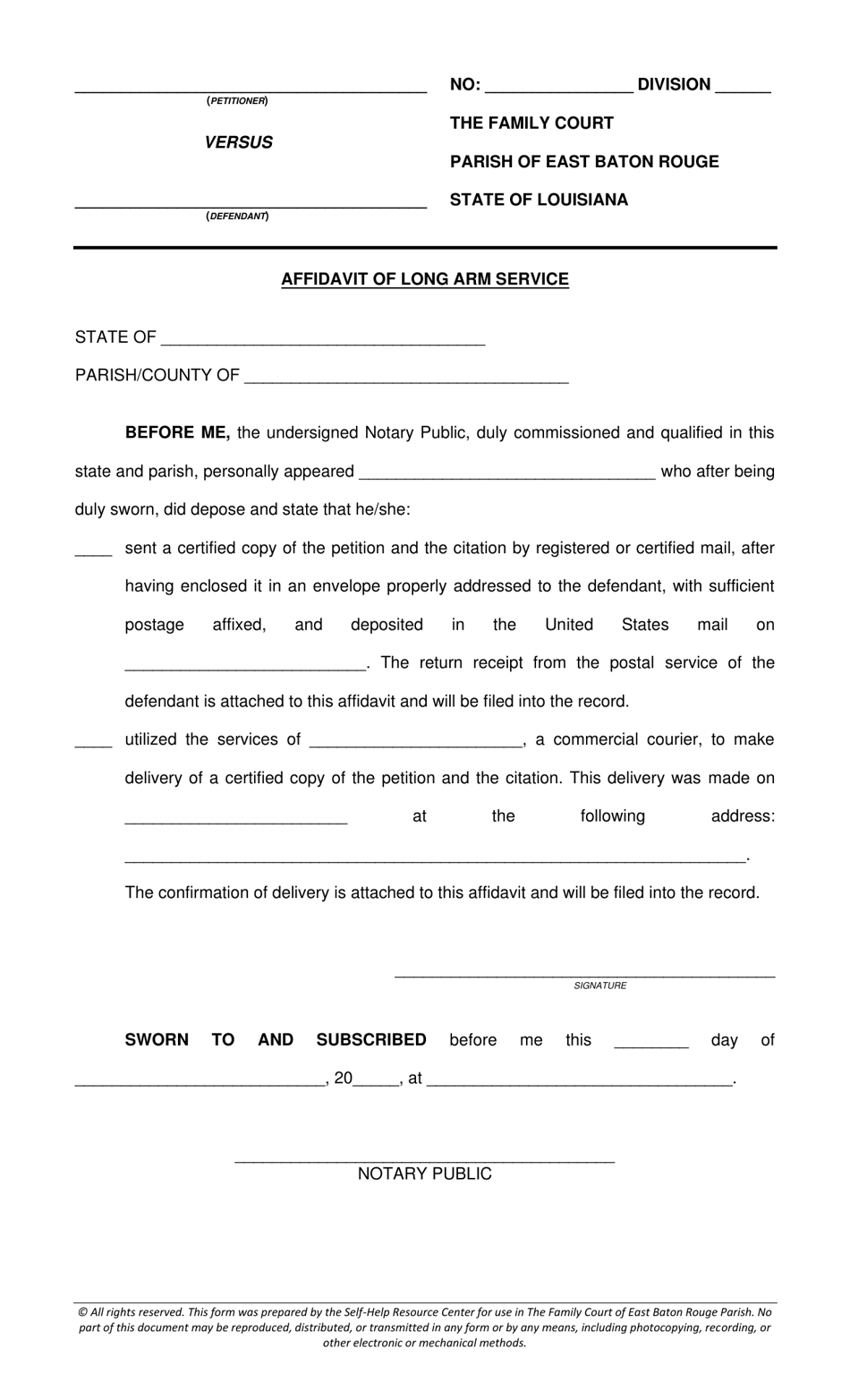 Parish of East Baton Rouge, Louisiana Affidavit of Long Arm Service
