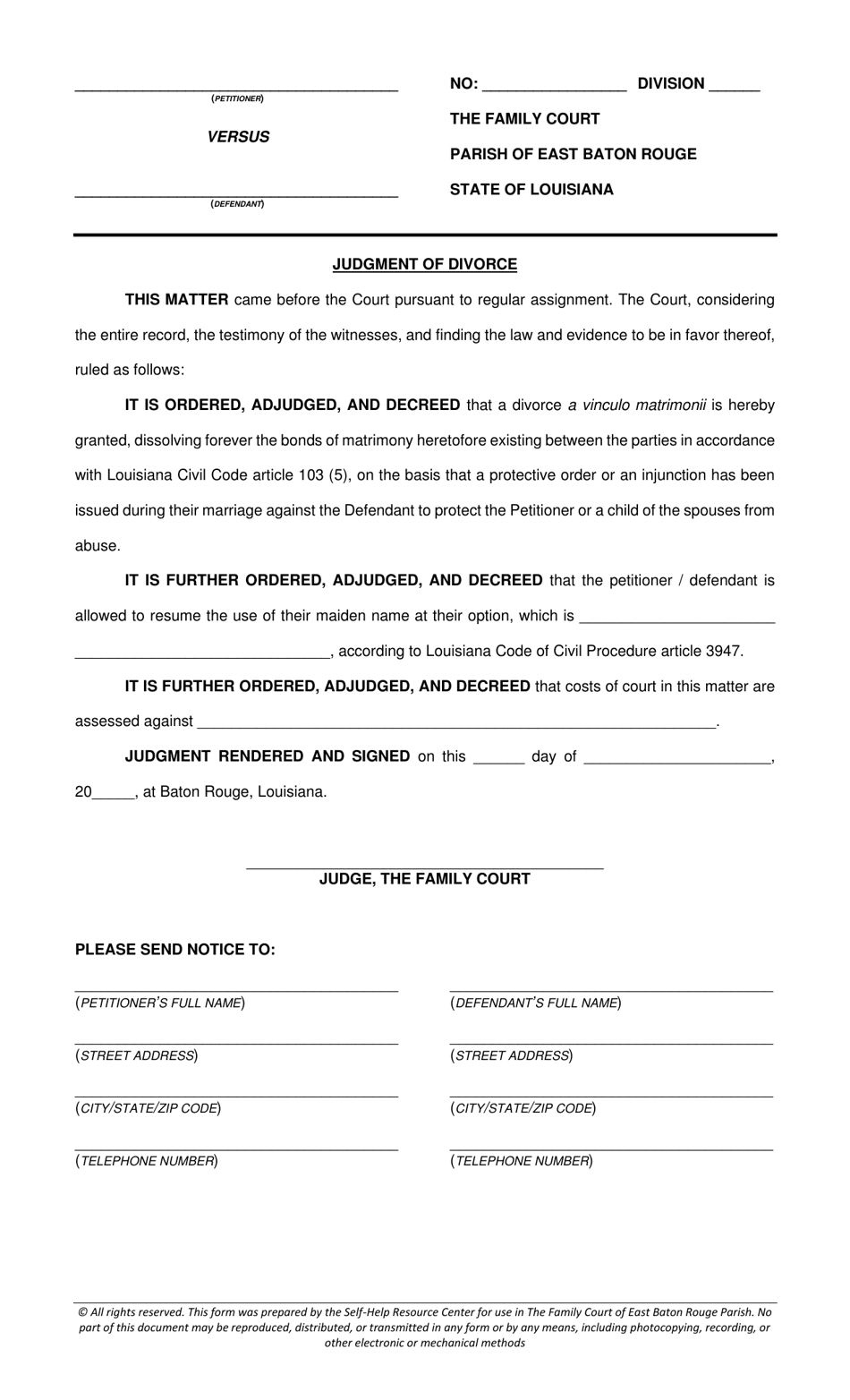 Petition for Divorce - Domestic Violence Divorce - Parish of East Baton Rouge, Louisiana, Page 6
