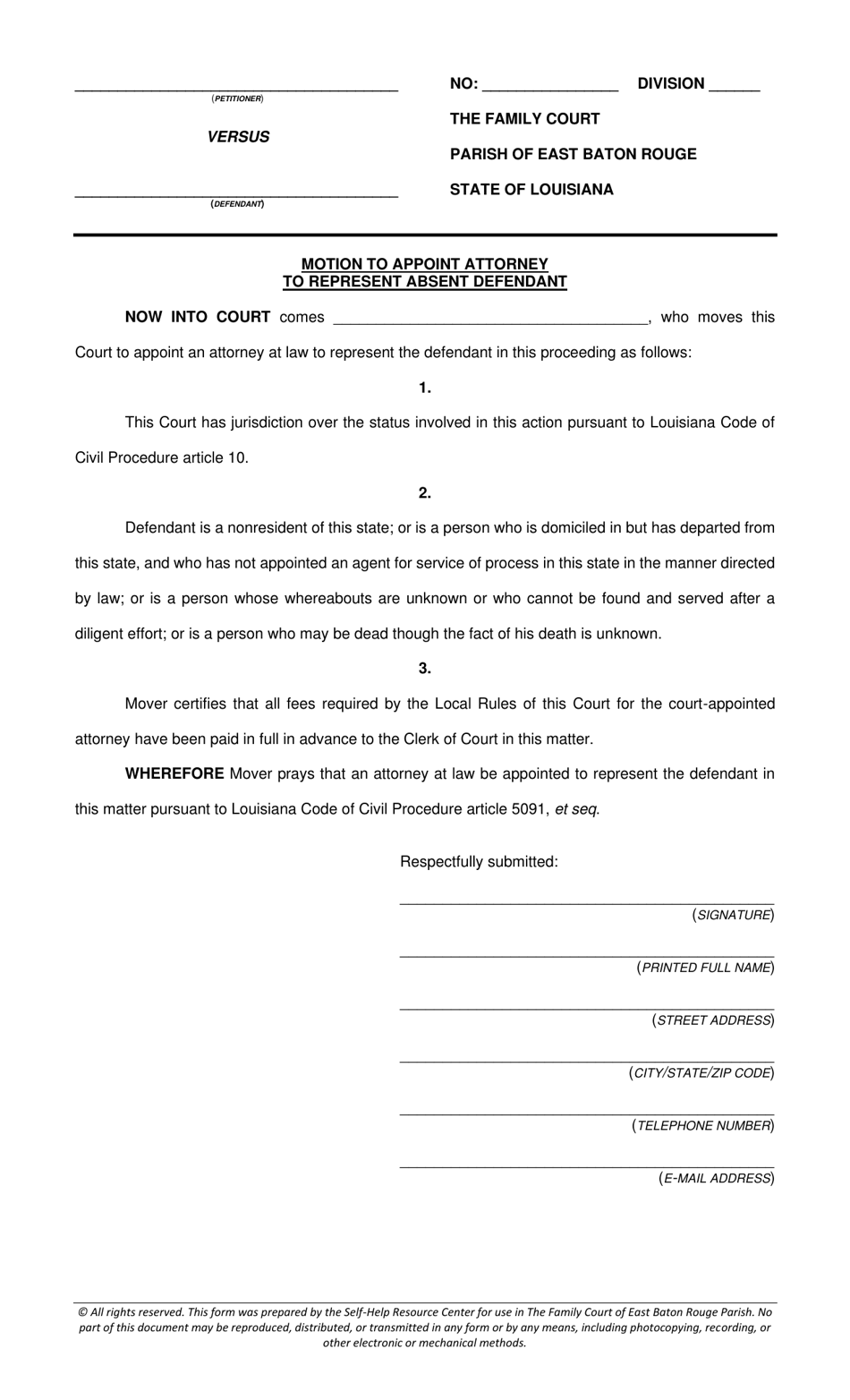 Motion to Appoint Attorney to Represent Absent Defendant - Parish of East Baton Rouge, Louisiana, Page 1