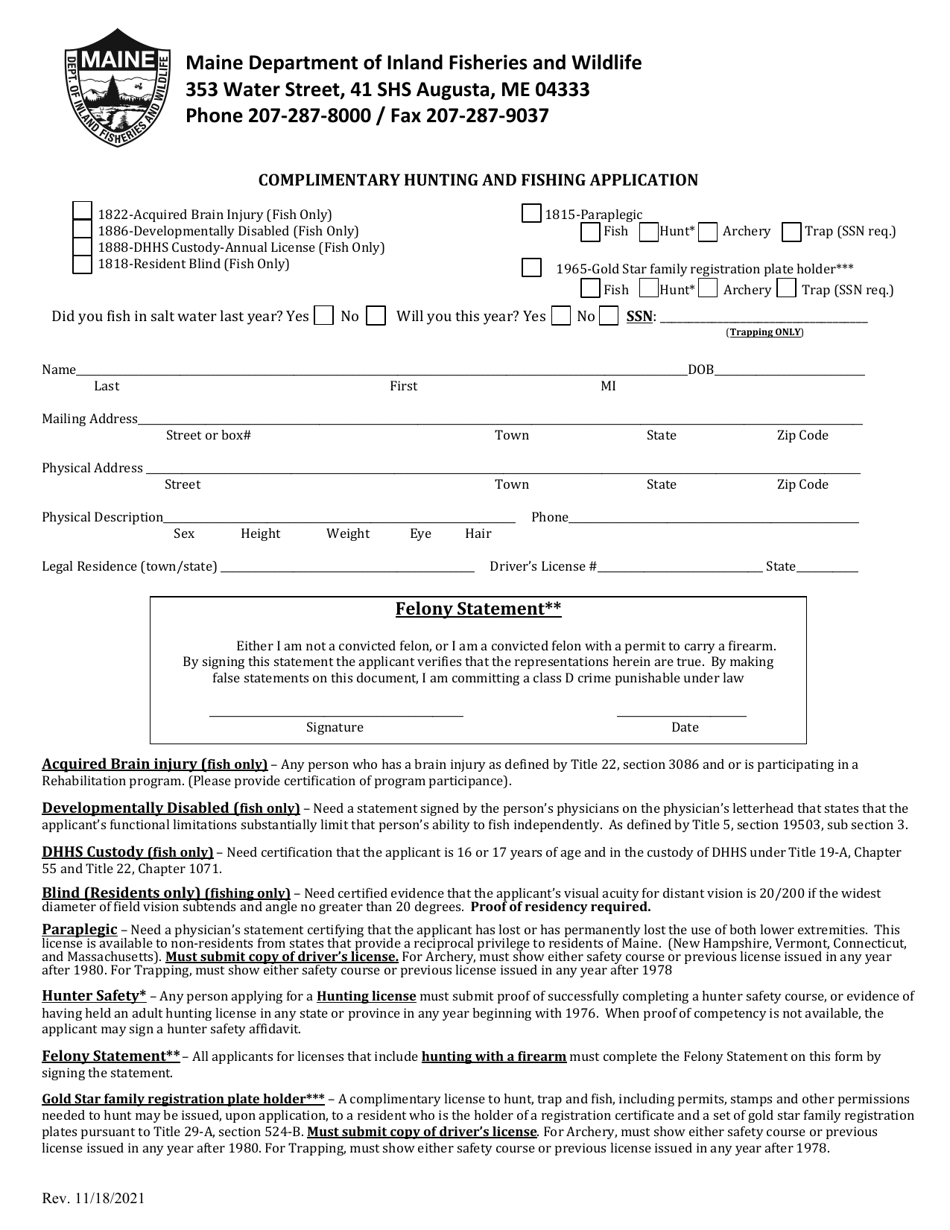 Maine Complimentary Hunting and Fishing Application Fill Out, Sign Online and Download PDF