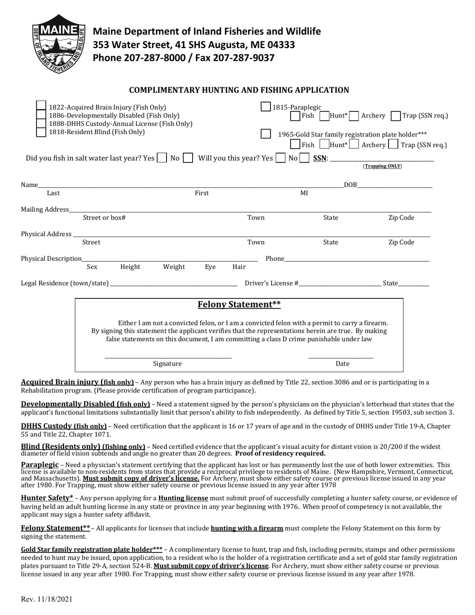 Complimentary Hunting and Fishing Application - Maine, Page 1