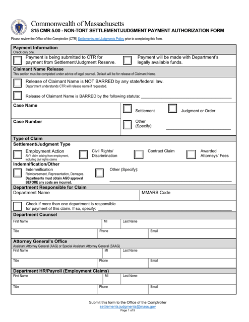 Non-tort Settlement / Judgment Payment Authorization Form - Massachusetts Download Pdf