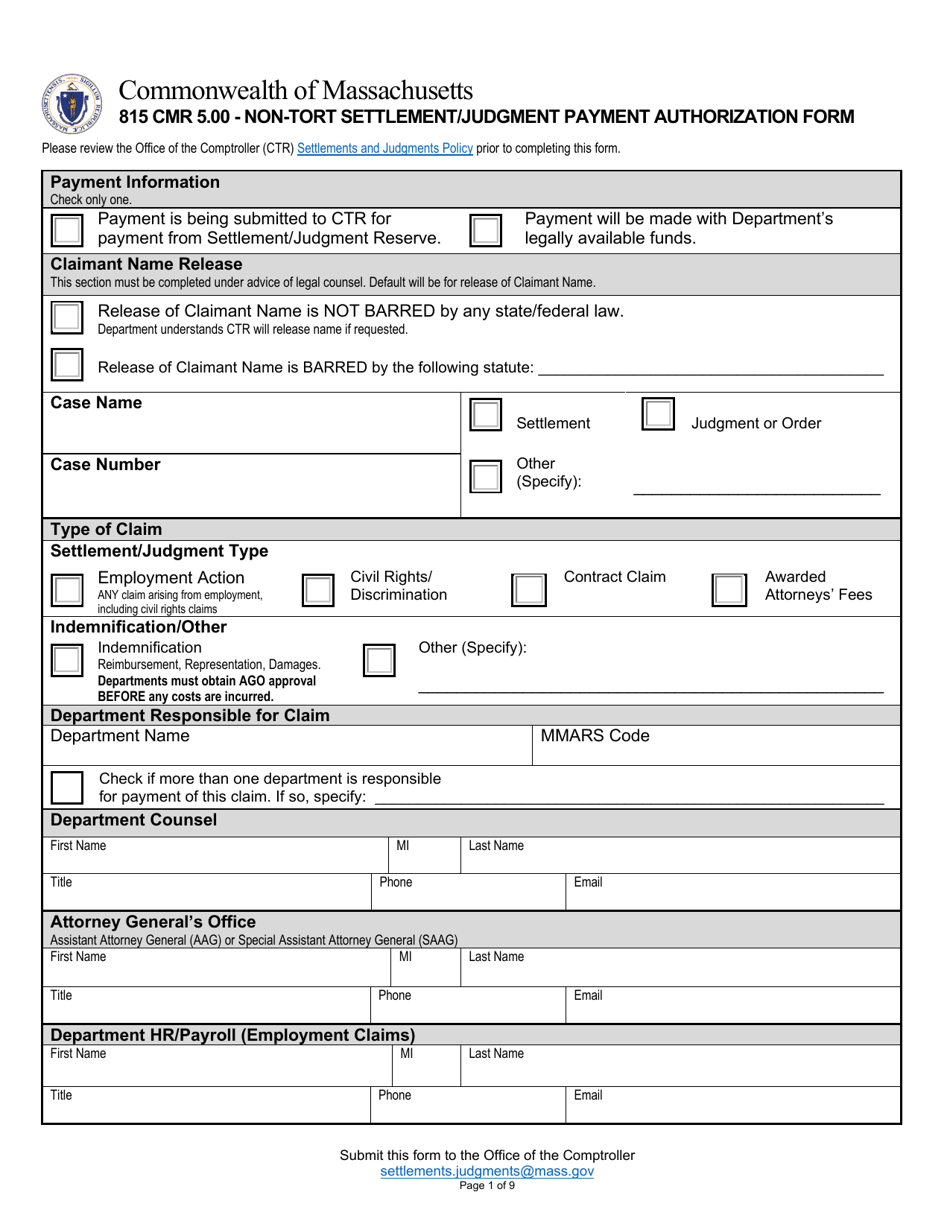 Non-tort Settlement / Judgment Payment Authorization Form - Massachusetts, Page 1