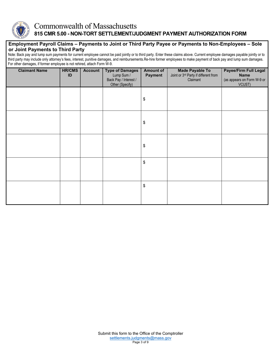 Non-tort Settlement / Judgment Payment Authorization Form - Massachusetts, Page 3