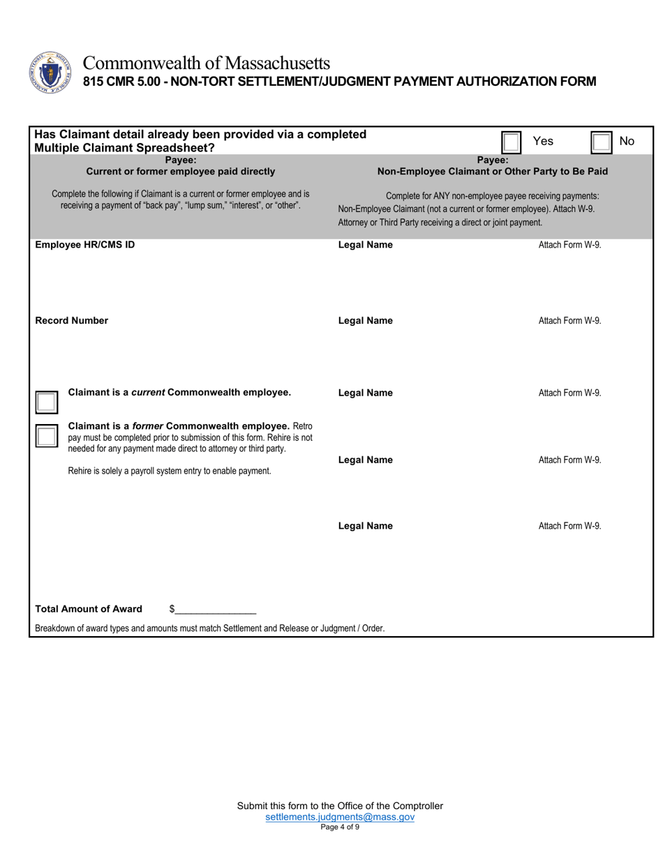 Non-tort Settlement / Judgment Payment Authorization Form - Massachusetts, Page 4