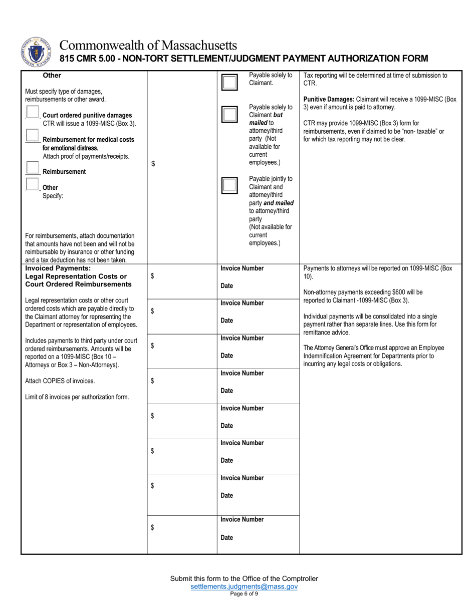 Non-tort Settlement / Judgment Payment Authorization Form - Massachusetts, Page 6