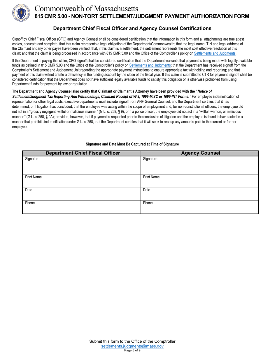 Non-tort Settlement / Judgment Payment Authorization Form - Massachusetts, Page 8