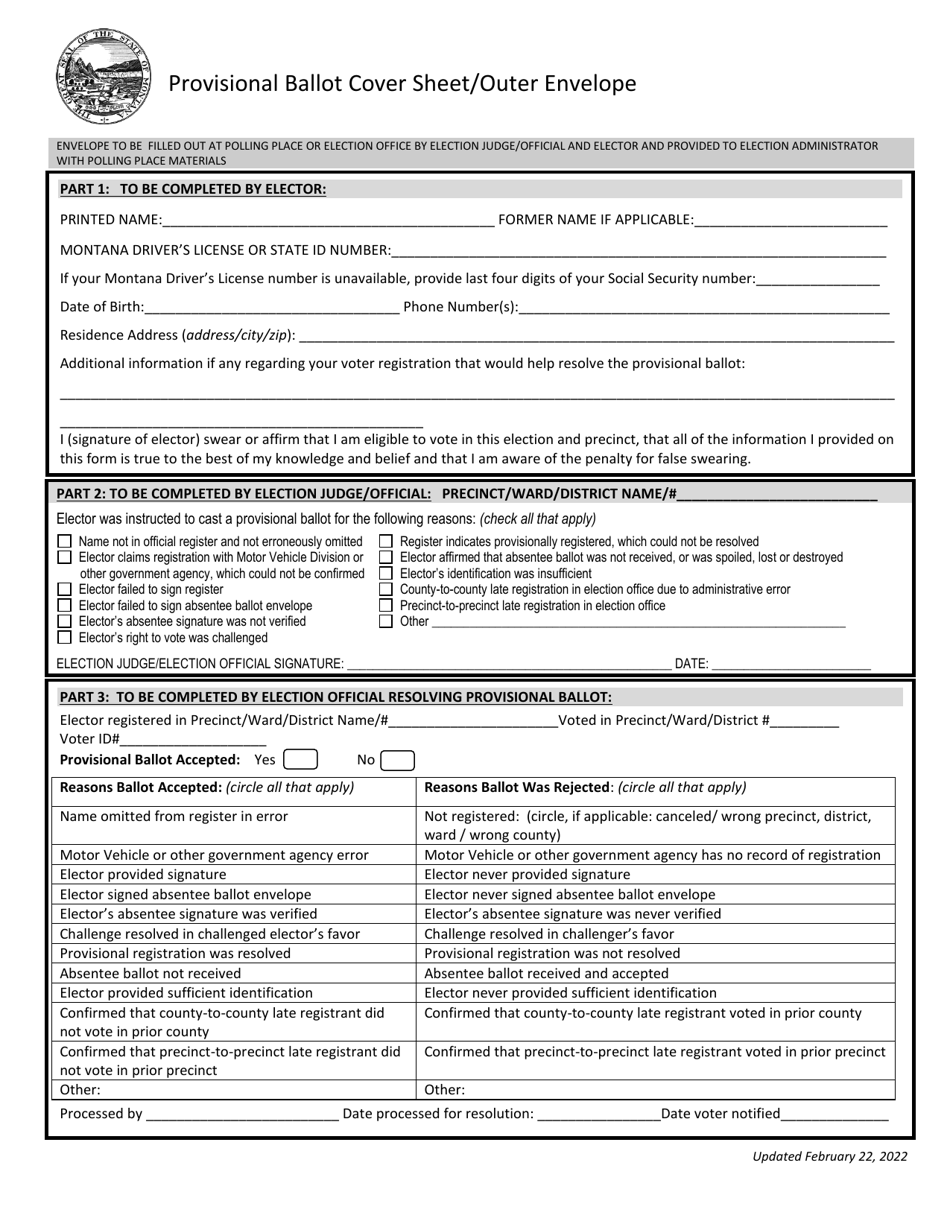 Montana Provisional Ballot Cover Sheet Outer Envelope Download 